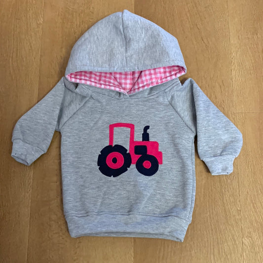 Hoodie | Pink Tractor on Grey